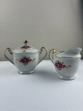 Vintage Saji “Moss Rose” Sugar Bowl with Lid, and Creamer Set